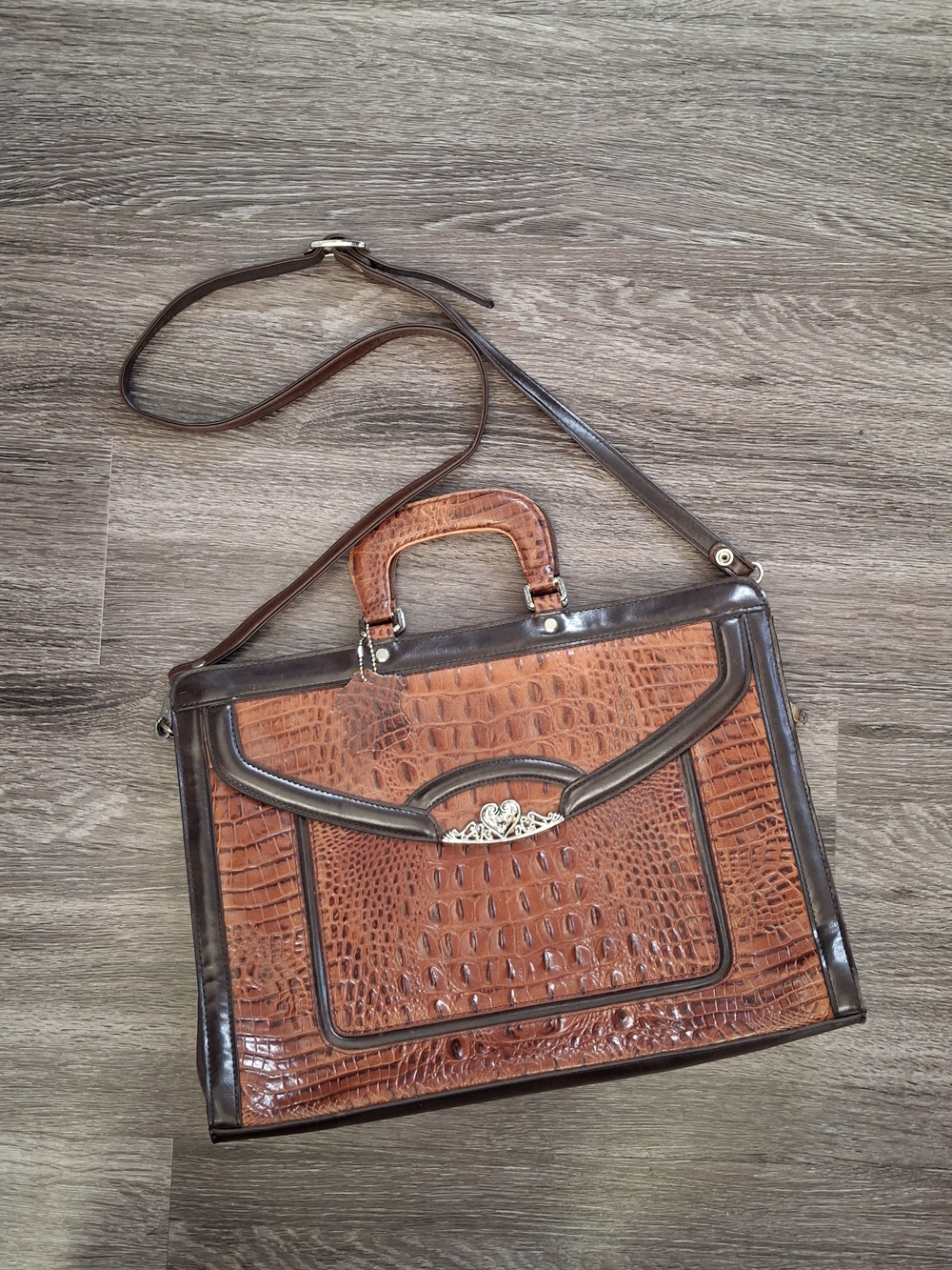 VTG MC Croc-Embossed Brown Leather Breifcase with Dark Trim And Silver Heart